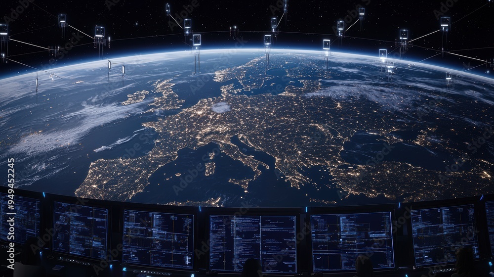 Poster global network monitoring satellite view of earth with data screens