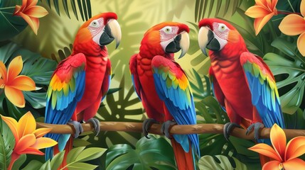 Three Scarlet Macaws Perched on a Branch