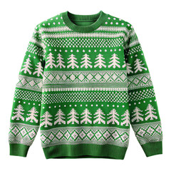 Green and white Christmas jumper isolated on transparent background