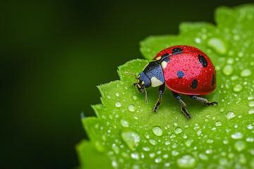 Fototapeta premium Crisp close-up of a ladybug on a green leaf ideal for eye-catching nature designs