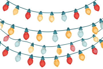Christmas lights string, isolated on a white background, Flat style cartoon vector illustration. Christmas Light variety, Christmas Light Bulbs Vector Set.