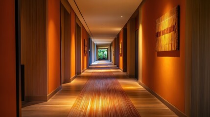 Fototapeta premium Long Corridor with Orange Walls and Wooden Floors