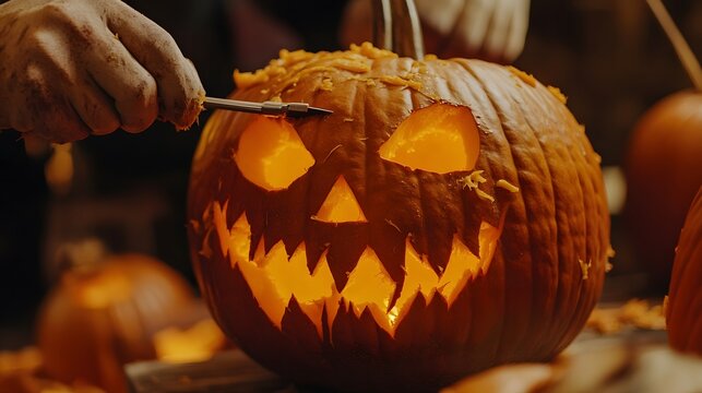 A close-up of a hand using a carving tool on a pumpkin while others showcase their finished jack-o-lanterns