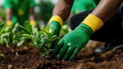 Employees cheerfully planting trees during a community clean-up event, representing the company s commitment to environmental sustainability and social responsibility