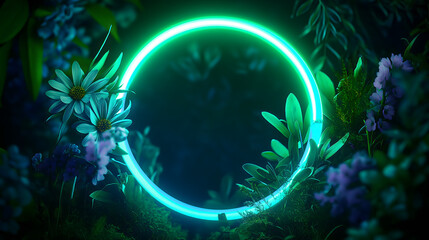 Green and Blue Neon Light with Tropical Leaves