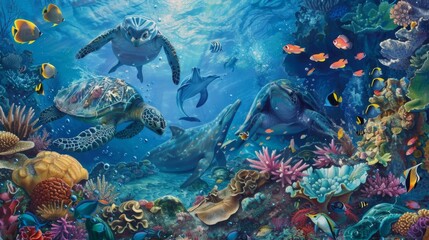 Fototapeta premium A vibrant coral reef teeming with colorful fish in the clear