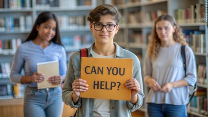 A student in a library holding a poster with the phrase "Can You Help?", suggesting a need for guidance or assistance with studying.