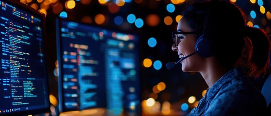 A cheerful call center agent interacting with a customer on the phone, with digital screens displaying tech support interfaces in the background
