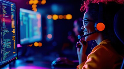 Positive call center agent in a vibrant workspace, smiling as they deliver tech support over the phone, with a digital landscape of problem-solving tools in the background