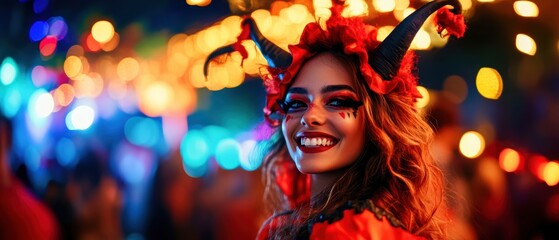 At a Halloween party, a young woman in a devil costume, with dramatic red and black attire, stands out with a mischievous grin and playful attitude