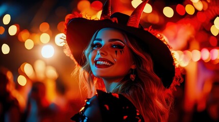 A charming young woman in a devil costume, with red horns and a wicked smile, standing out at the Halloween party