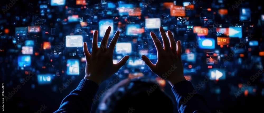 Poster person reaching out to touch floating digital screens filled with chaotic social media posts and new