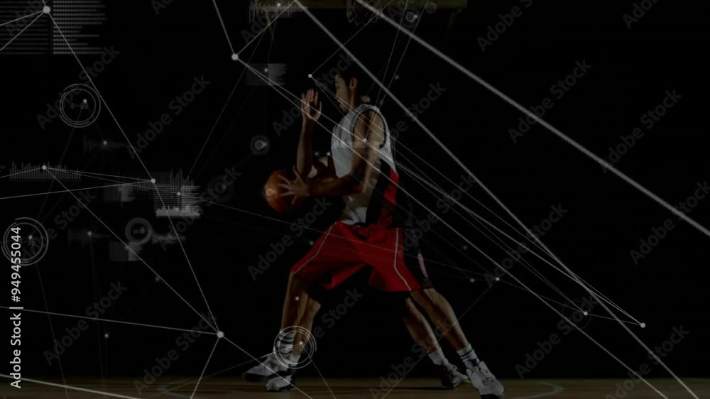 Aufkleber playing basketball, athletes in action with data visualization animation over them