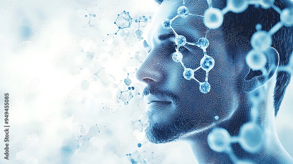 Poster an abstract human face merged with a molecular structure, blending the boundaries of art and science