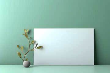 Blank Paper Card with Floral Frame with Branches of Eucalyptus, Tree, and Leaves. Minimalist Design on Green Background. Huge Copy Space for Text and Web Banner Design, Wedding, and Invitation Card