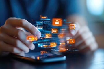 A person using a budget management app that integrates contactless payments, holographic security icons glowing, Futuristic, Soft blue tones, Digital Illustration