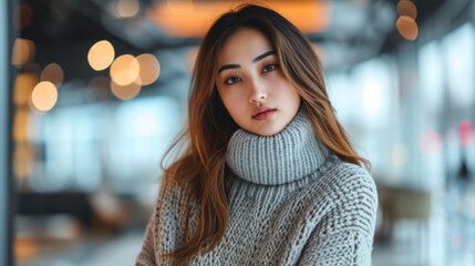 Fototapeta premium Portrait of a young asian woman in a cozy sweater, blurred lights in the background, soft focus, indoor, warmth and comfort concept