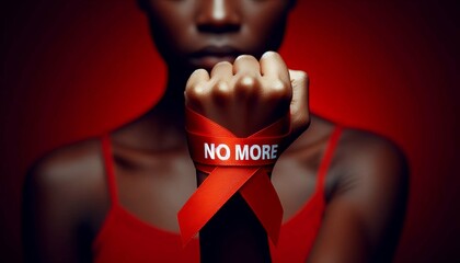 A powerful image of a female with a clenched fist wrapped in a red ribbon that reads 'No More,' symbolizing resistance against abuse and harassment.