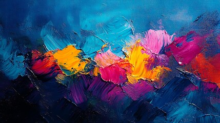 Fototapeta premium An abstract oil painting with layers of blue, pink, yellow, purple, and red, expressing deep and complex emotions.