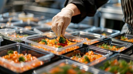A person is wearing gloves and is touching food in a tray