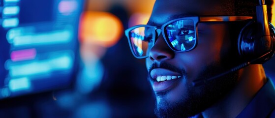 Close-up of a smiling call center agent with a headset, multitasking between tech support calls and onscreen diagnostics, emphasizing their expertise