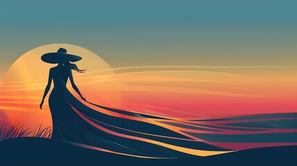 A minimalist illustration of an elegant lady silhouetted against a sunset, her flowing dress and hat outlined with clean, simple lines that convey sophistication and beauty. 8k UHD, suitable 