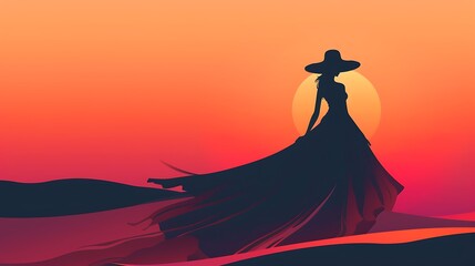 A minimalist illustration of an elegant lady silhouetted against a sunset, her flowing dress and hat outlined with clean, simple lines that convey sophistication and beauty. 8k UHD, suitable 