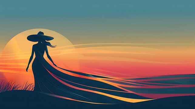A minimalist illustration of an elegant lady silhouetted against a sunset, her flowing dress and hat outlined with clean, simple lines that convey sophistication and beauty. 8k UHD, suitable 