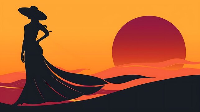 A minimalist illustration of an elegant lady silhouetted against a sunset, her flowing dress and hat outlined with clean, simple lines that convey sophistication and beauty. 8k UHD, suitable 