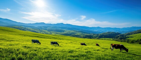Fototapeta premium Dairy cows grazing peacefully in a lush green meadow under a bright blue sky, with rolling hills in the background