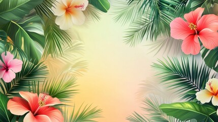 Tropical Floral Background with Hibiscus Flowers and Palm Leaves.