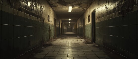 Abandoned Hospital Corridor with Tiled Walls and Dim Lighting.