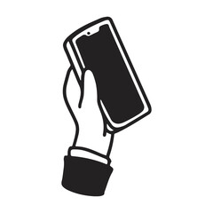 Hand Holding Smartphone with Blank Screen. Vector illustration drawing icon in black and white