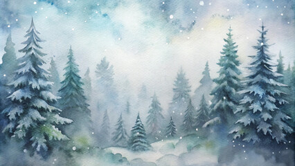 Misty winter forest, tranquil and atmospheric, watercolor painting of evergreen trees in soft snow, winter background