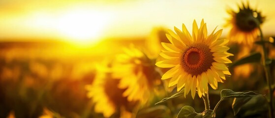 Obraz premium Close-up of sunflowers in a vast field, with the setting sun in the background, creating a warm golden light and a blurred grassy meadow