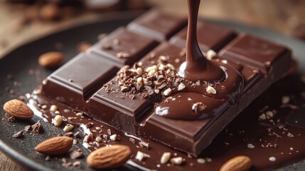 Dark Chocolate Bar with Almonds Drizzled with Melted Chocolate