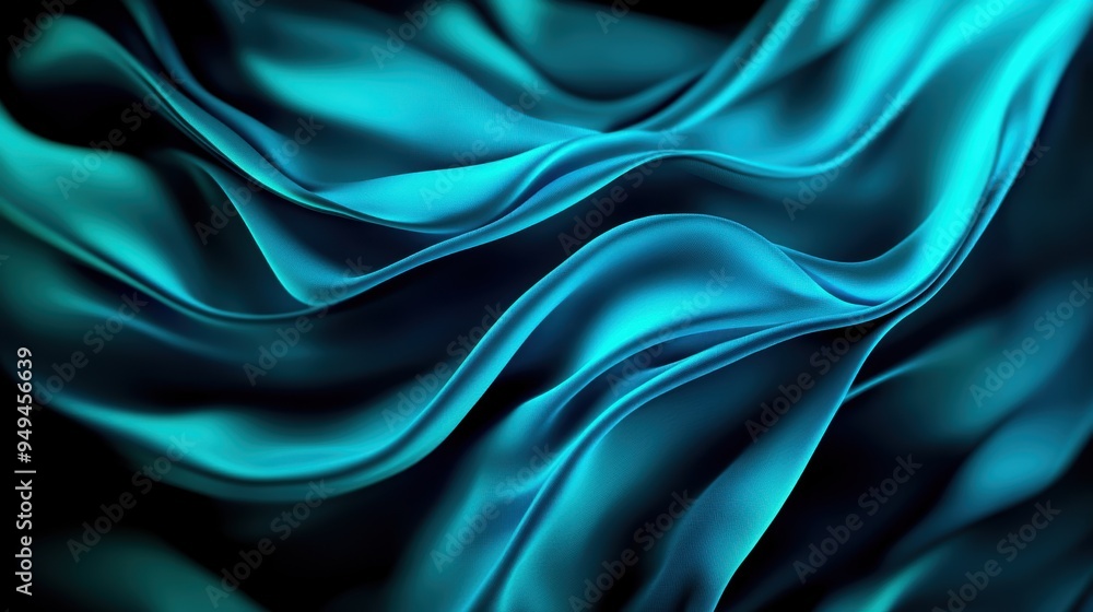 Poster turquoise and teal neon curves weaving through the air, creating a smooth, flowing abstract pattern 