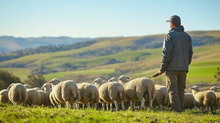 A farmer feeding a group of sheep in a pasture surrounded by rolling hills and a clear blue sky. 