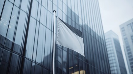 Obraz premium Blank White Flag Waving in Front of Modern Glass Building, Business Success and Growth Concept.