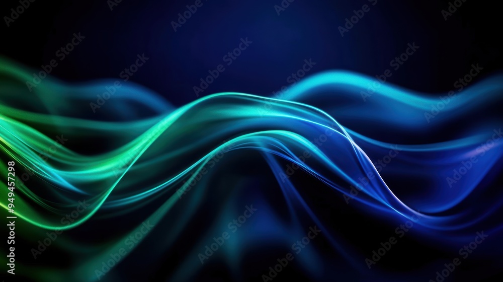 Poster cool blue and green curved lines flowing in a rhythmic pattern, producing a calming yet dynamic abst