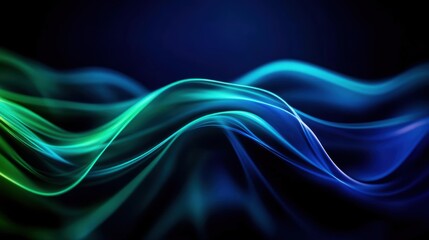 Naklejka premium Cool blue and green curved lines flowing in a rhythmic pattern, producing a calming yet dynamic abstract design on a dark background