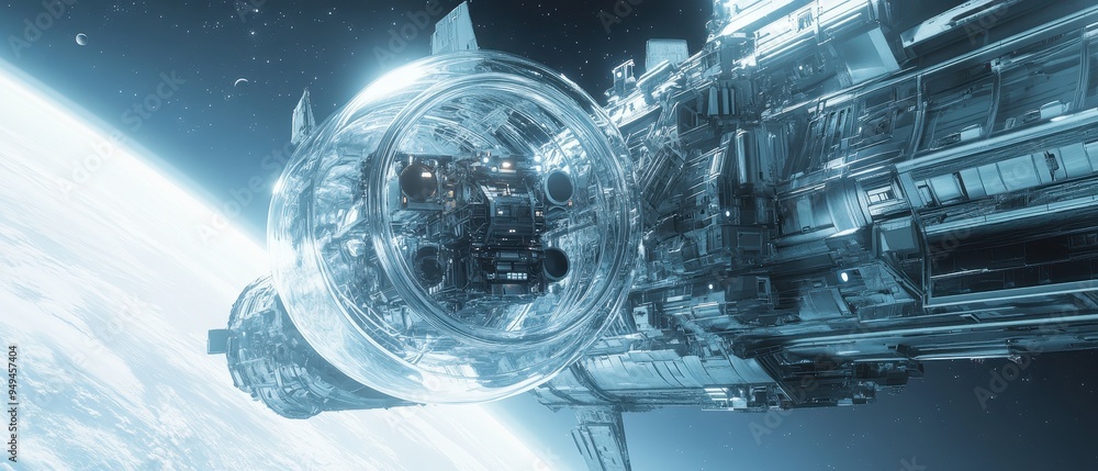 Poster futuristic spaceship orbiting planet with stars in background.