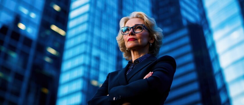 Senior businesswoman in a power suit, confidently posed with a background of skyscrapers, embodying strength and professional accomplishment