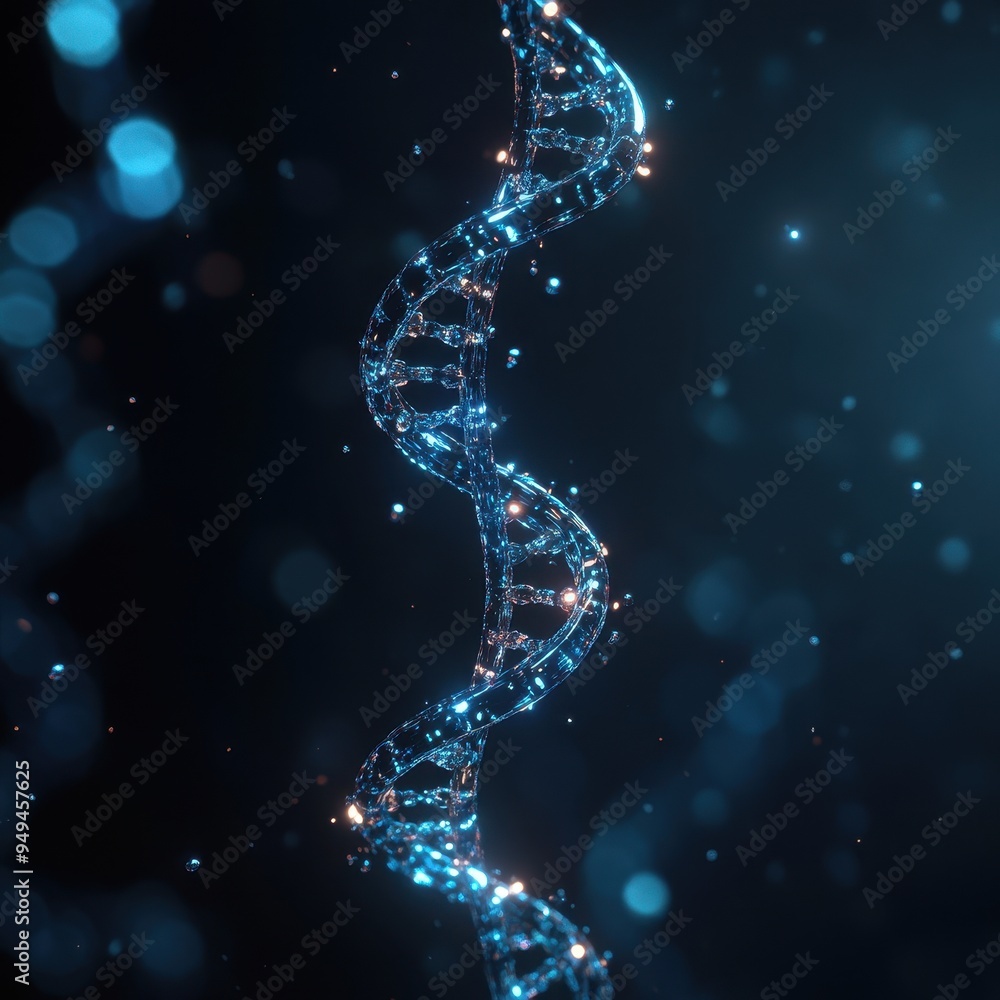 Poster abstract dna double helix with water drops and blue bokeh background - 3d render.