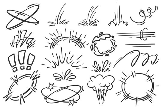 Cartoon bomb boom effect. Vector bang burst and splashes elements. Doodle pow and smoke speed lines. Hand drawn bubbles and flash motion graphic
