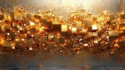 Obraz premium An abstract composition of golden cubes and particles creating a luminous effect.
