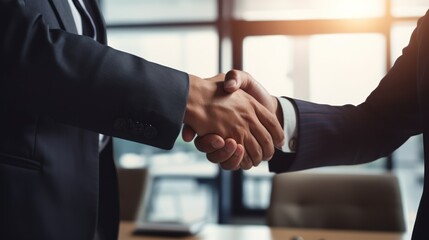 Businessman and businesswoman shaking hands in a conference room 