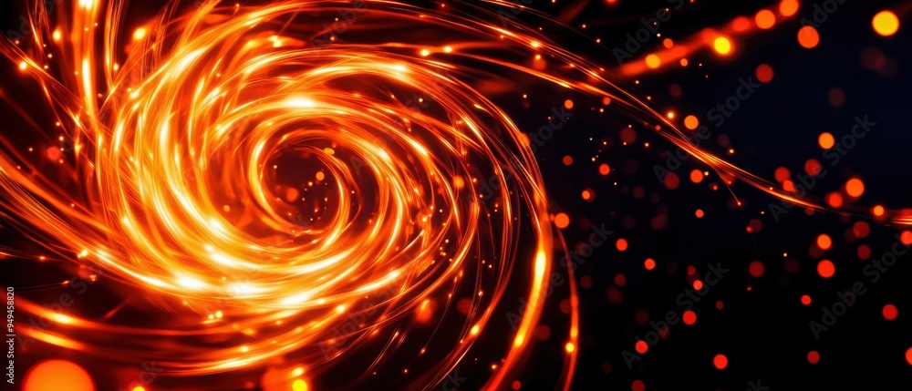 Poster Glowing orange and red spirals of light, weaving together to create a dynamic and intense visual against a black backdrop
