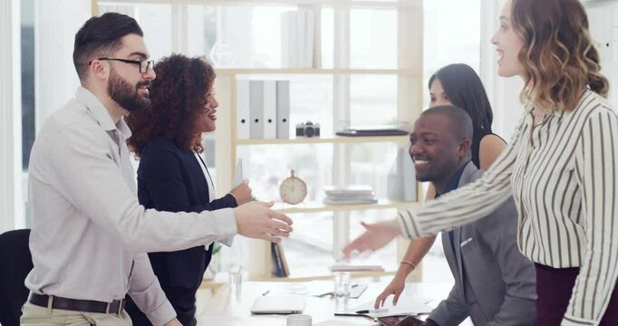 People, business meeting and hand shake for deal as company for collaboration, sales or thank you agreement. Men, women and smile for future teamwork or welcome in office merger, b2b or negotiation