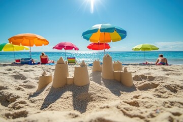 Sandcastle on the Beach with Colorful Umbrellas and Sunbathers in the Background.